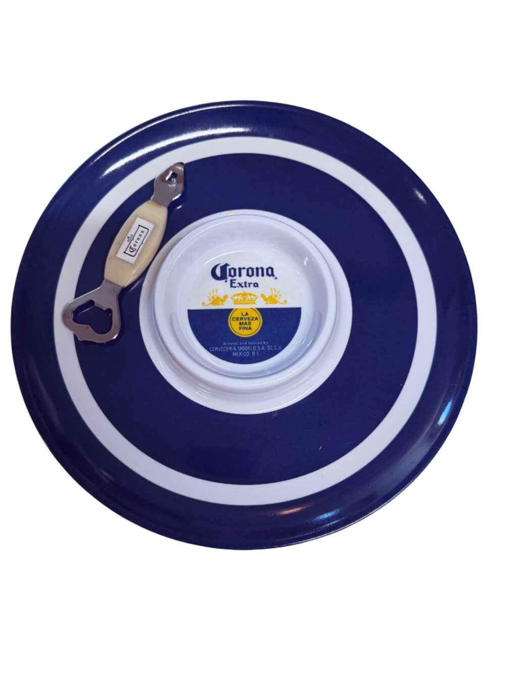 Corona Extra Serving Plate & Bottle Opener Set Blue & White Design Durable